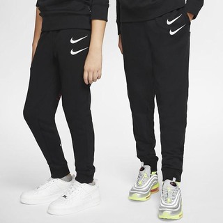 Pantaloni Nike Sportswear Swoosh French Terry Baieti Negrii Albi | RVUO-35248